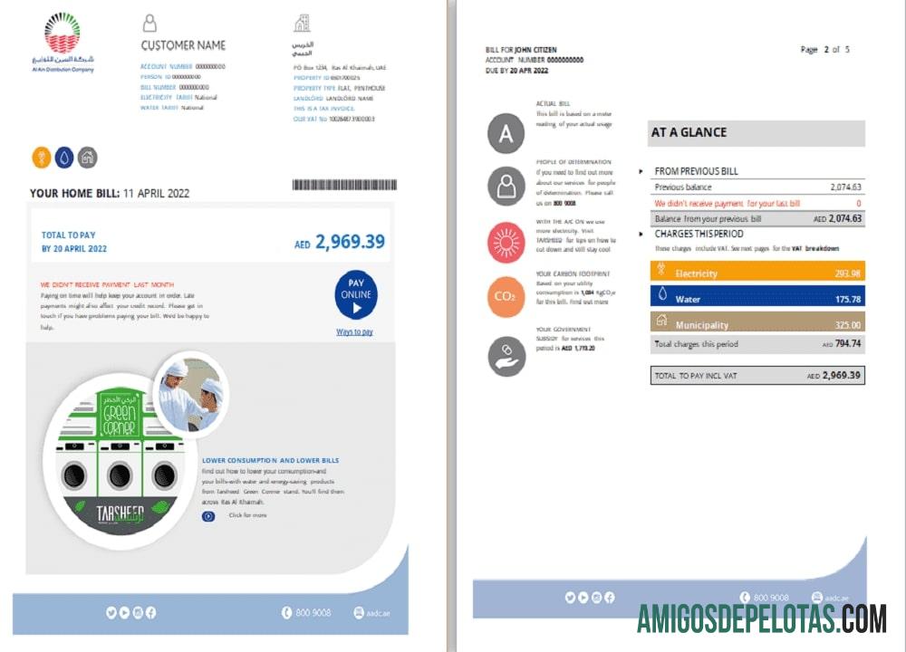 Em branco Emirados Árabes Unidos Ras Al Khaimah Al Ain Distribution Co. Modelo de conta de serviços públicos em Word e PDF (5 páginas) 1 2